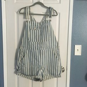 XL American Eagle striped overalls blue and white